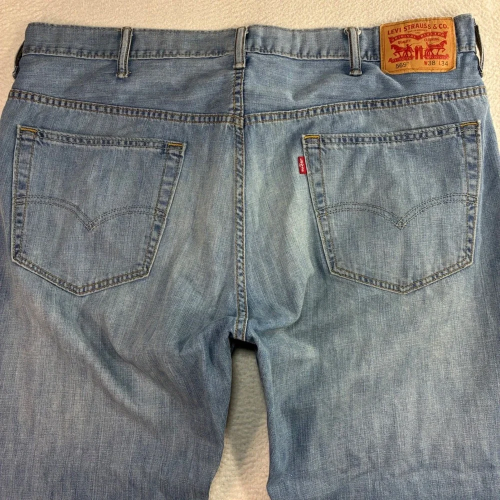 Levis 569 Loose Straight Jeans Men 38x34 Blue Faded Skater Baggy Whiskered